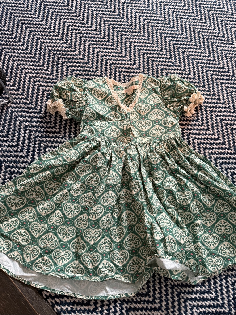 Green Heart-Print Puff Sleeve Kids Dress